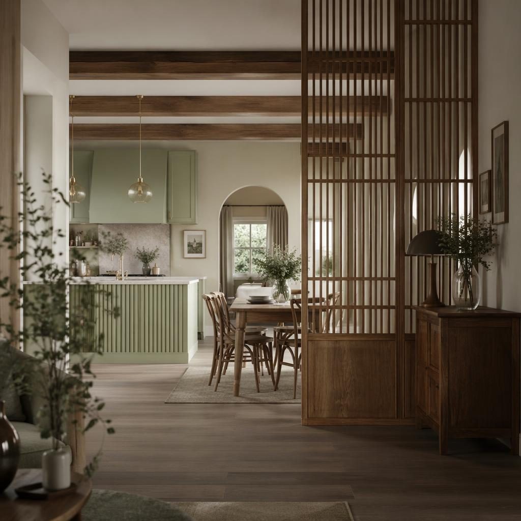 Art deco farmhouse kitchen interior with sage and cream palette, open beams, wood partition, plants, textiles.