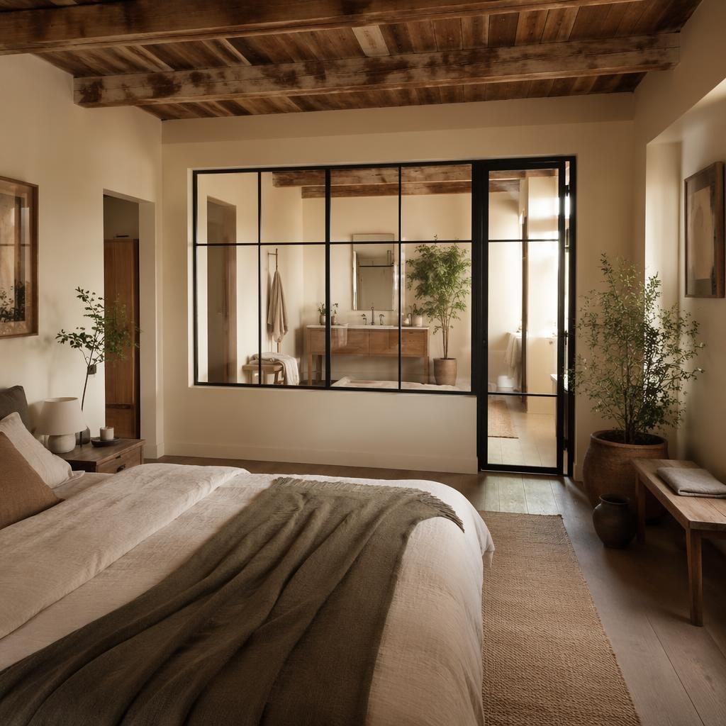 Chambre farmhouse en bois recyclé avec verrière intérieure, tons neutres chauds, lumière douce, textiles et plantes.