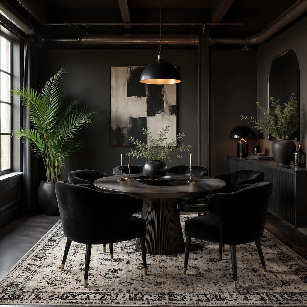 Industrial dining room interior in a black and white palette with soft daylight, natural materials, plants, art and textiles.