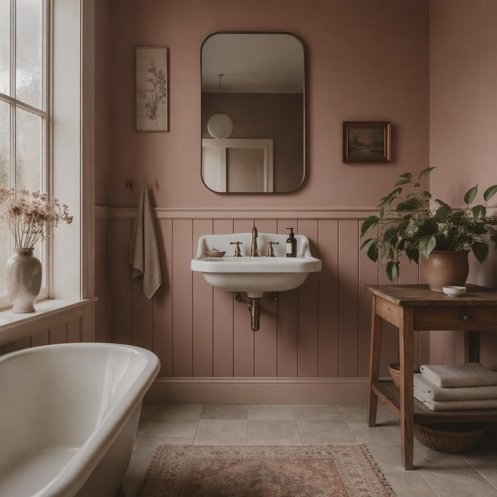 Scandinavian bathroom with a vintage interior look, pastel pink and beige tones, natural materials, plants, art and textiles.