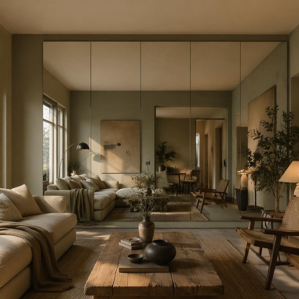 Wabi-sabi interior render with sage and cream tones, warm evening light, natural materials, plants, textiles, and metal frame furniture.