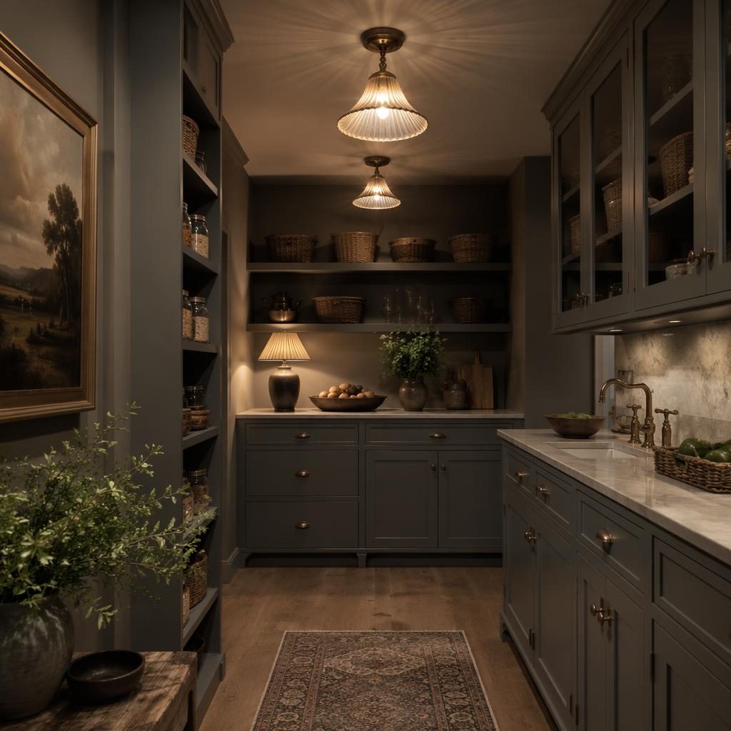 Luxury contemporary walk-in pantry with cool grey cabinetry, warm evening lighting, natural materials, art, plants, and textiles