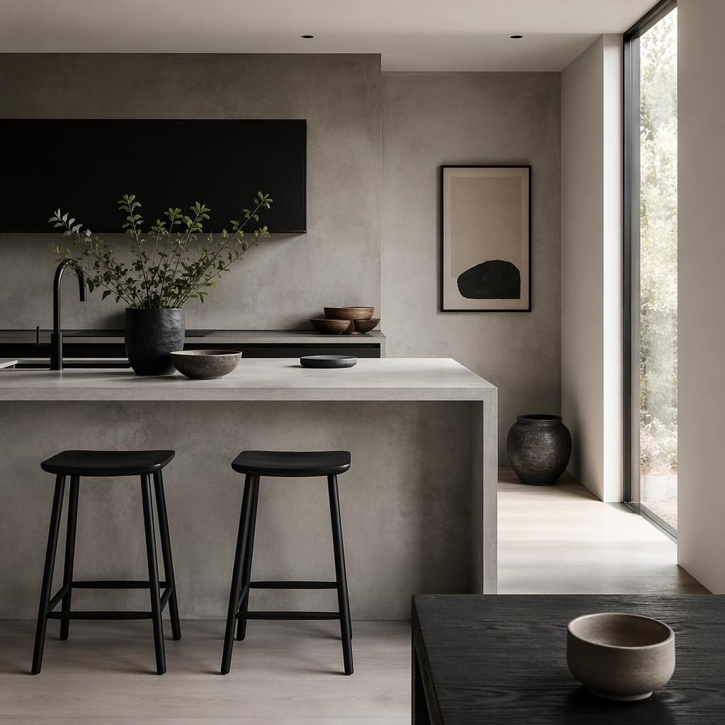 Minimalist concrete kitchen in a black and white palette with soft daylight, plants, art, textiles, and natural materials.
