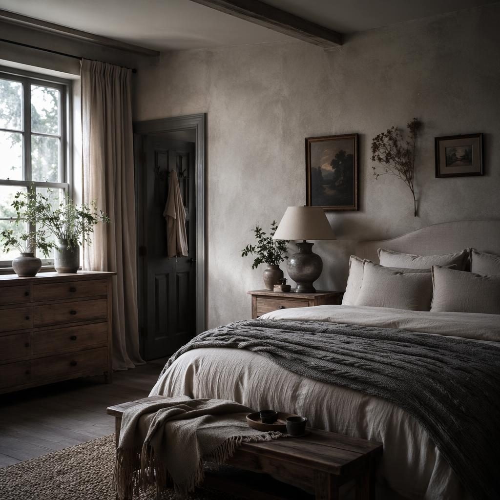 Farmhouse mudroom interior render with cool grey palette, natural materials, bench seating, plants, textiles, and moody light