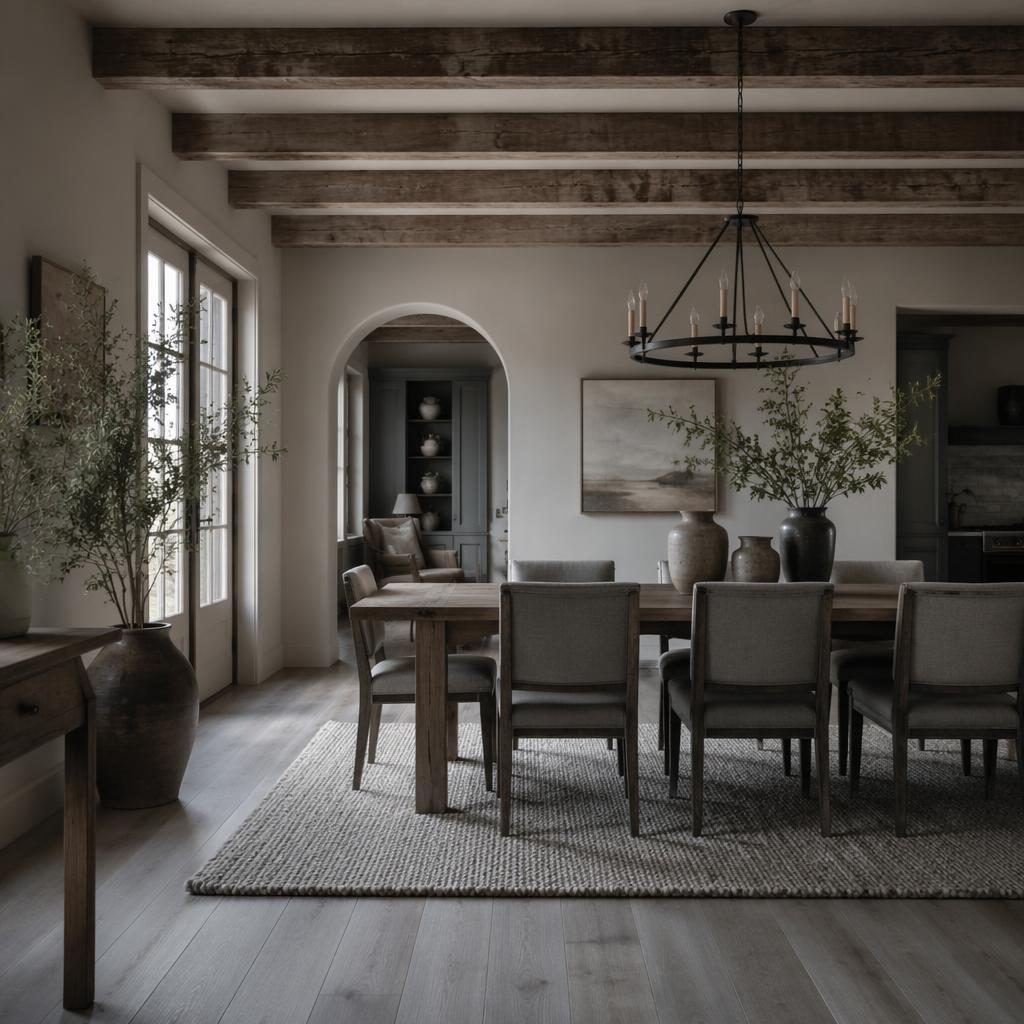 Entrée farmhouse gris frais avec poutres apparentes, lumière douce, matériaux naturels, plantes et textiles.