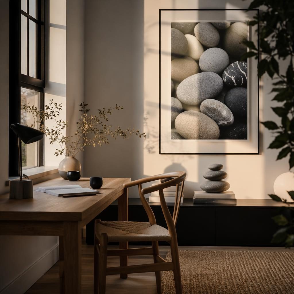 Coin bureau scandinave minimaliste en noir et blanc, lumière dorée, matières naturelles, plantes, textiles et décoration galets.
