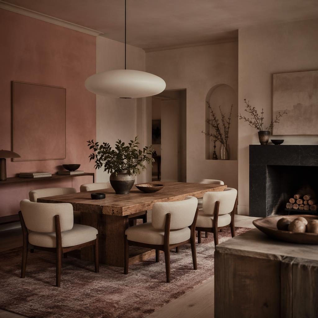 Japandi bedroom render with pastel pink and beige tones, natural materials, plants, art, textiles, and moody lighting
