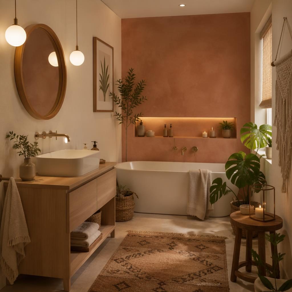 Baño boho de inspiración escandinava con tonos tierra, materiales naturales, plantas, arte textil y luz cálida