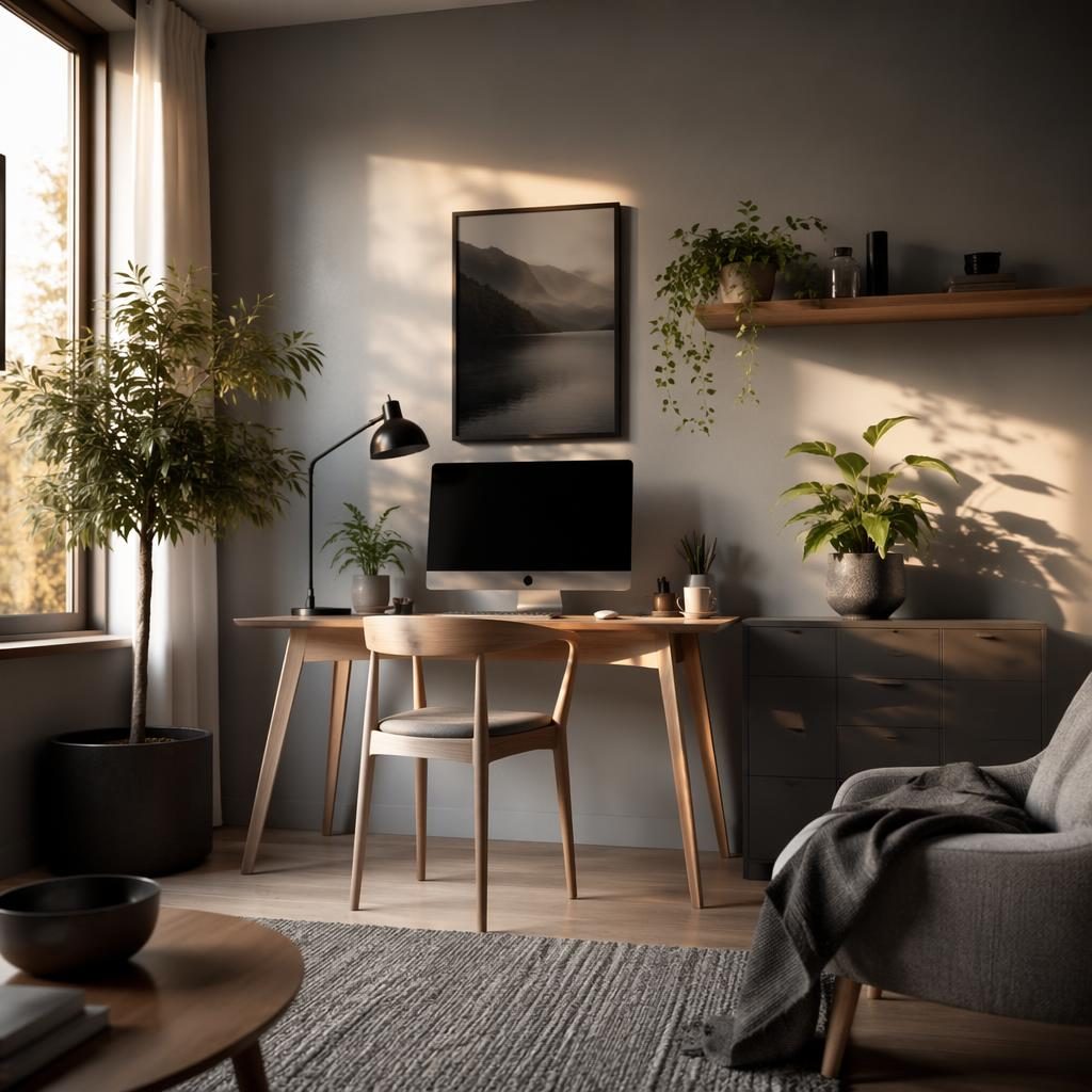 Minimalist Scandinavian bedroom home office in cool greys with golden hour light, wood furniture, plants, art and textiles.
