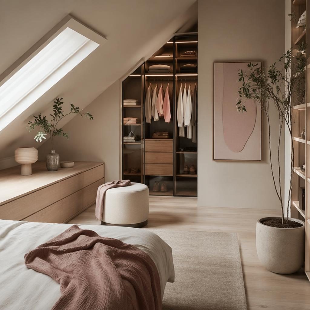 Modernes minimalistisches Ankleidezimmer in Pastellrosa und Beige mit Tageslicht, Naturmaterialien, Pflanzen und Textilien.