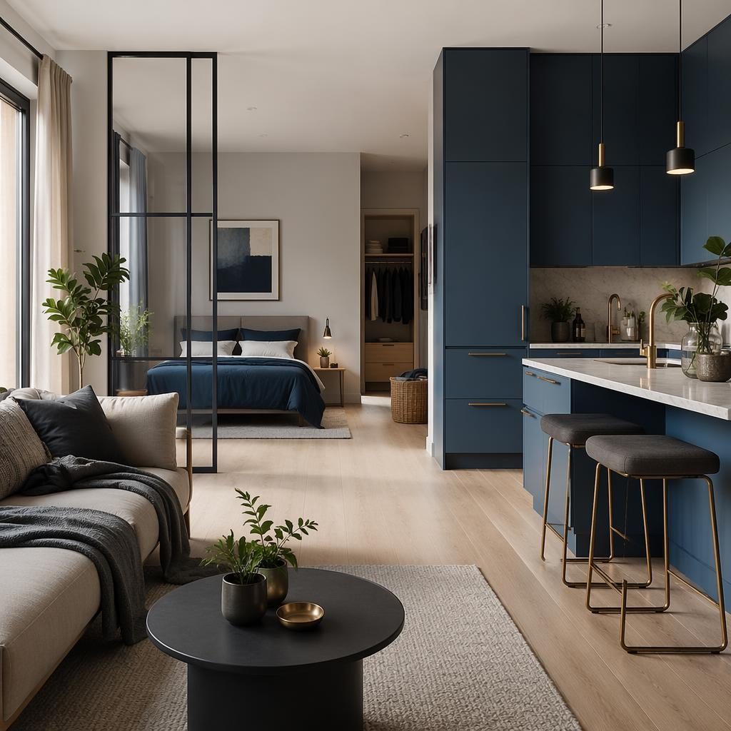 Scandinavian home gym corner in a modern minimalist interior with blue and brass accents, soft daylight, plants and textiles