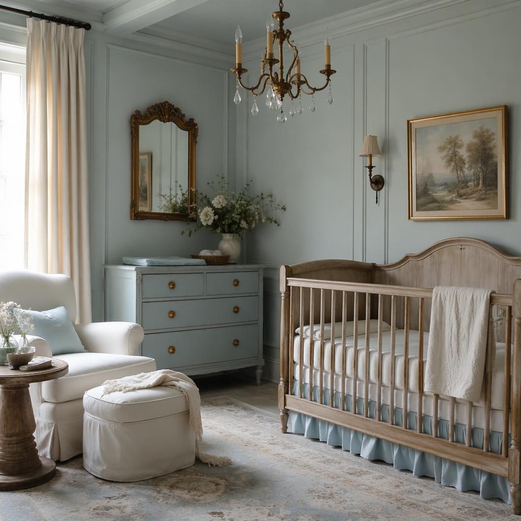 Soft pastel baby nursery with french country decor, blue and brass accents, natural materials, plants, art, and textiles