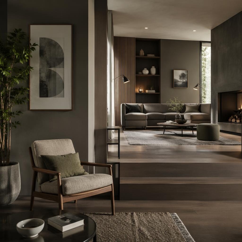 Moody art deco interior with cool grey palette, split level living room, Scandinavian reading nook, plants, textiles.