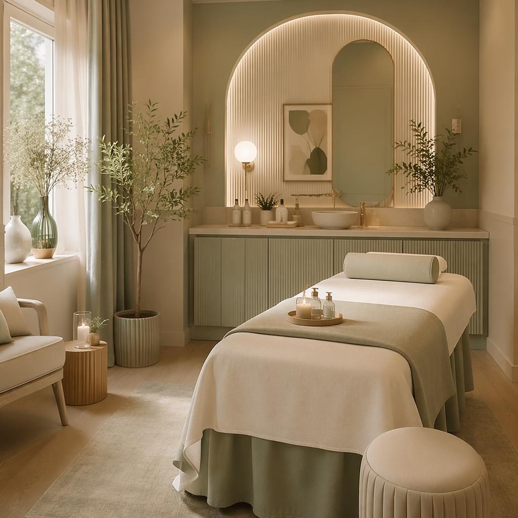 Rendu photo réaliste d’une chambre sauge et crème, lumière douce, matières naturelles, plantes, textiles et mobilier soigné