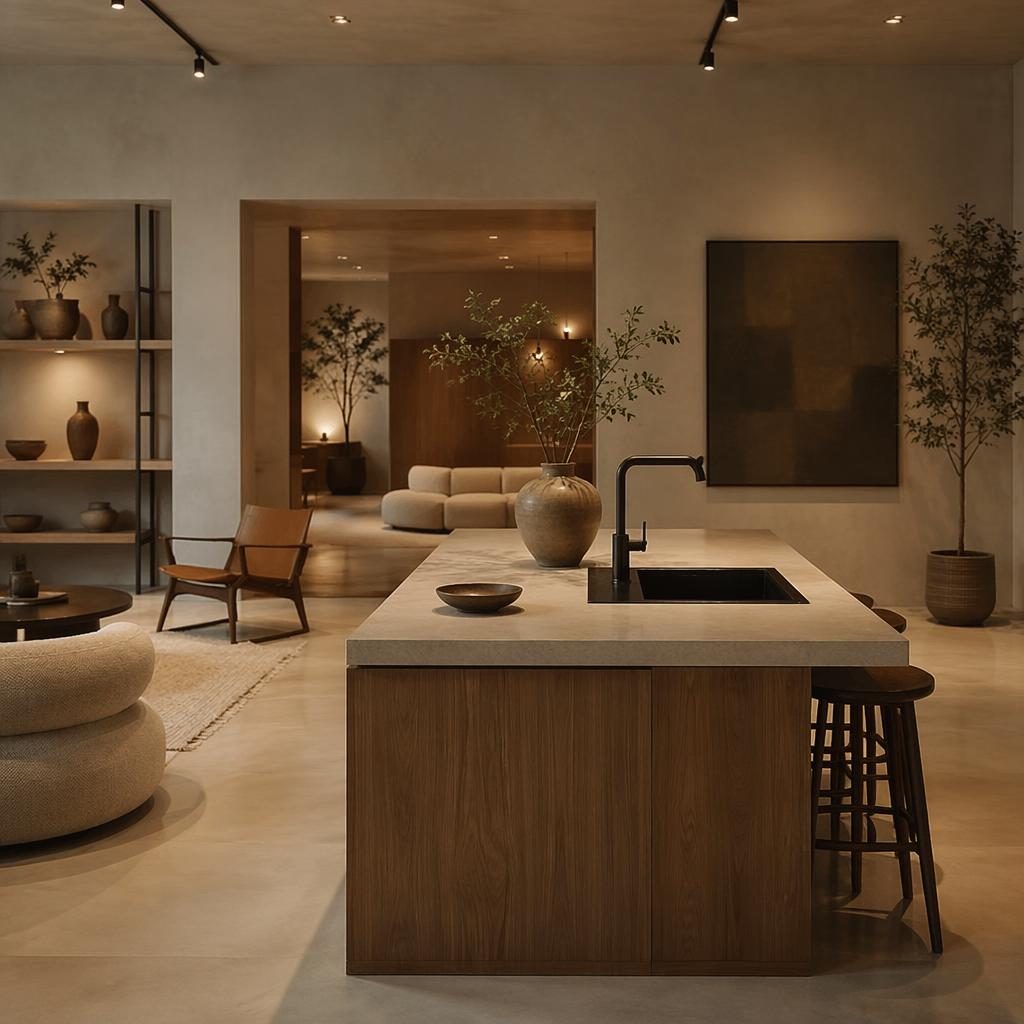 Modern minimalist living room with a Japandi kitchen island, warm neutral decor, plants, art, and natural materials.