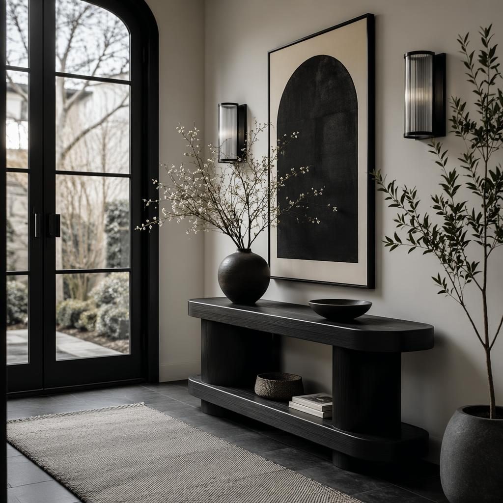 Black and white japandi entryway with art deco details, natural materials, plants, textiles, and soft overcast light.