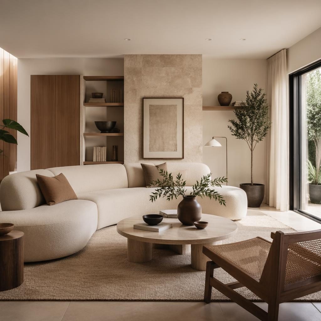 Moderne minimalistische woonkamer met warme neutrale tinten, sculpturale bank, vloerkleed, hout, steen, planten en kunst.