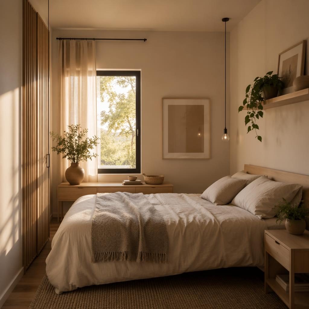 Dormitorio escandinavo pequeño con paleta neutra cálida, luz dorada, madera natural, textiles, plantas y arte mural.