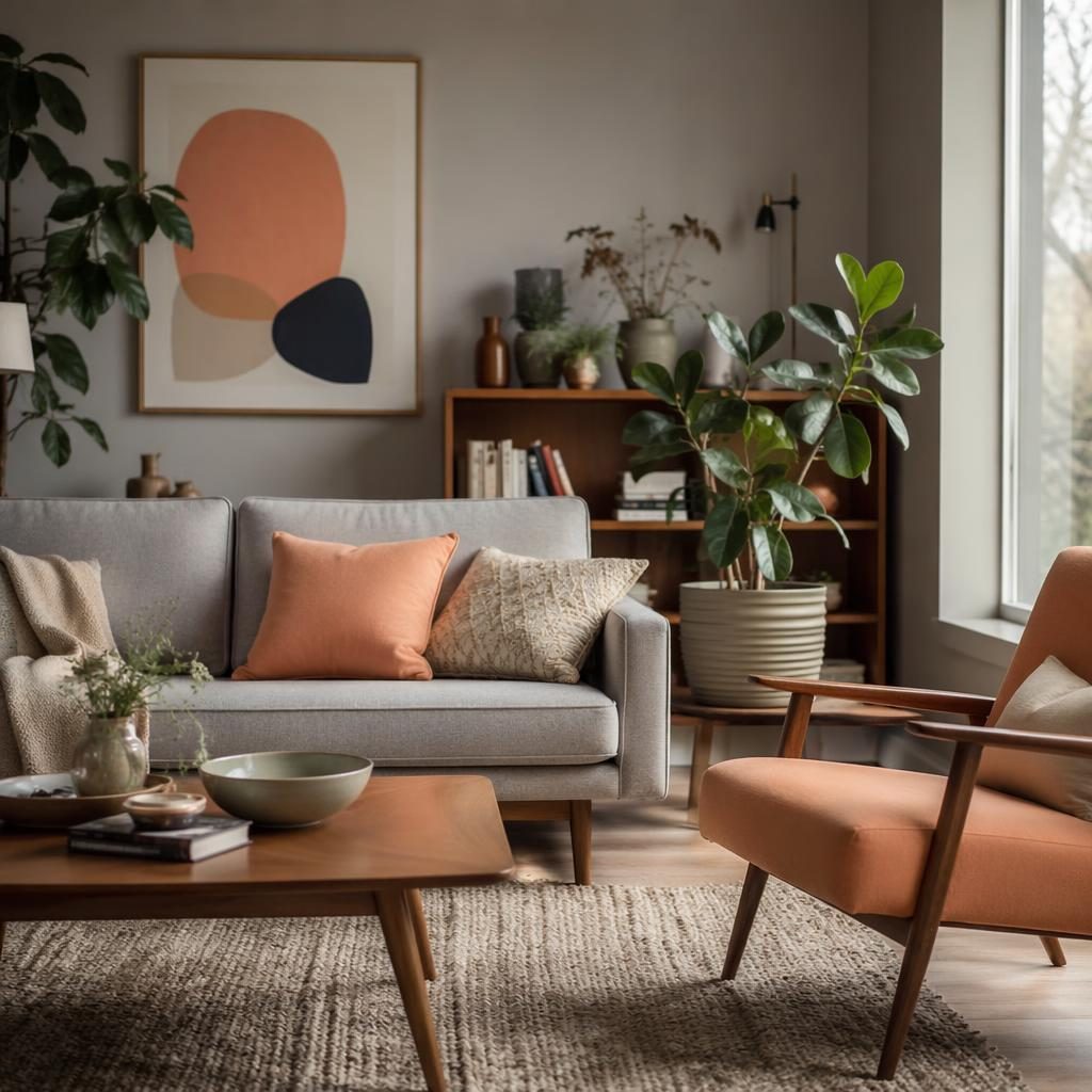 Scandinavian living room with peach decor accents, cool grey palette, natural materials, plants, art, and soft diffused light