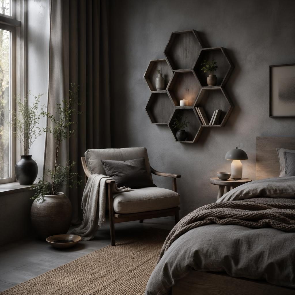 Moody Scandinavian reading nook with cool grey tones, natural materials, plants, textiles, art, and hexagon decor.