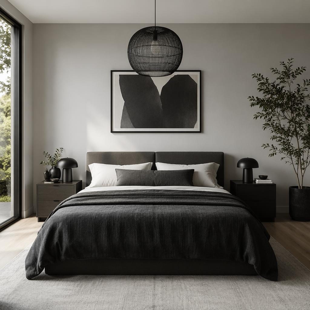 Modern minimalist interior render with black fixtures, soft daylight, natural materials, plants, art, and textiles.