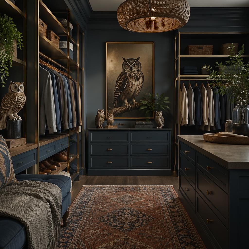 Industrial walk-in closet interior render with blue and brass accents, warm boho rugs, plants, art, and owl decorations.