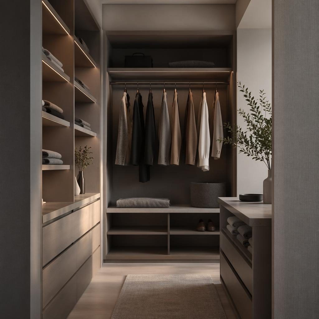 Minimalist Japandi walk-in closet with cool grey tones, natural wood, textiles, plants, and golden hour light.