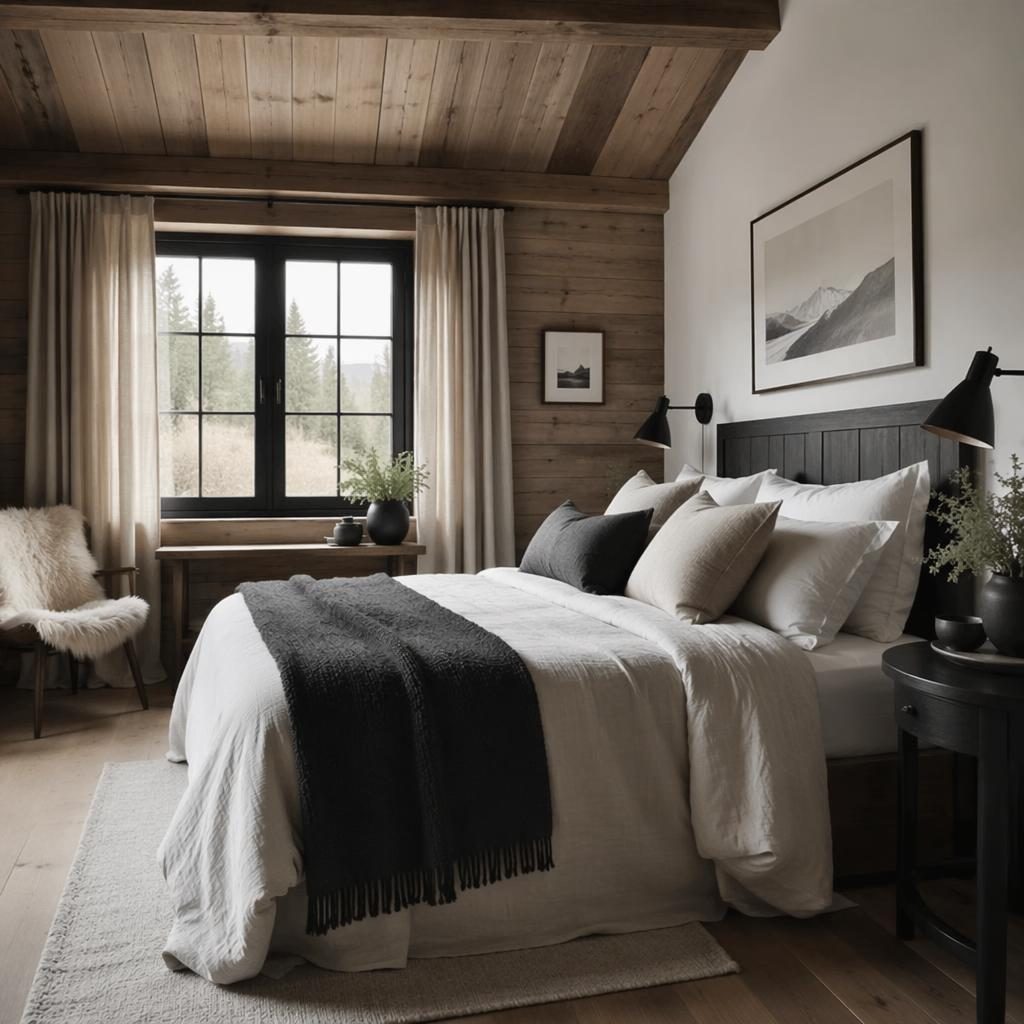 Chambre scandinave noir et blanc avec bois naturel, linge texturé, plantes, art mural et lumière du jour douce.