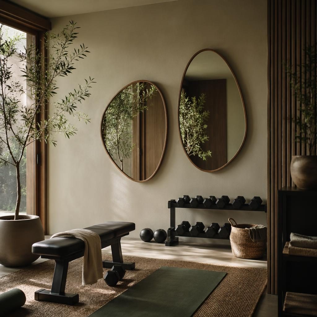 Render fotográfico de home gym escandinavo japandi en tonos salvia y crema, con madera, plantas, textiles y espejos.