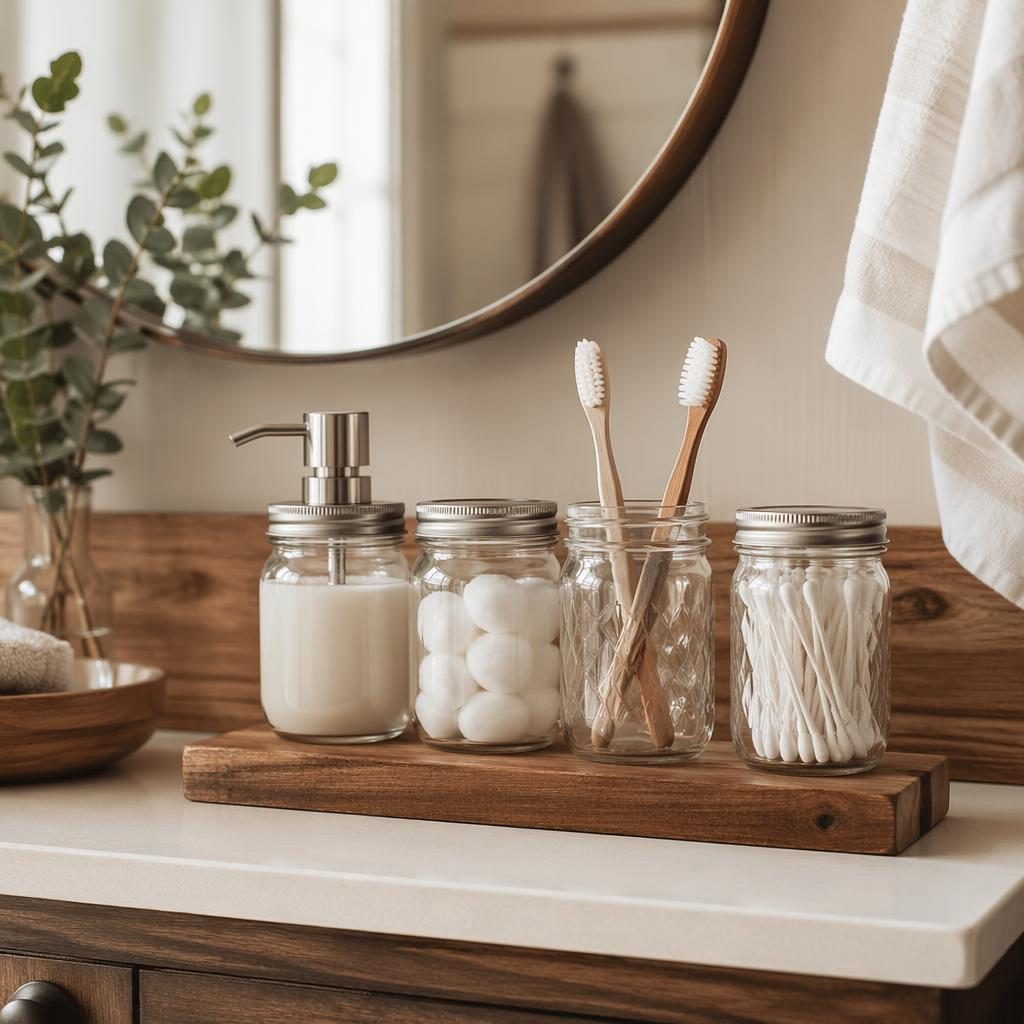 Scandinavian home gym interior with warm neutral tones, natural materials, plants, textiles, and mason jar bathroom accessories.