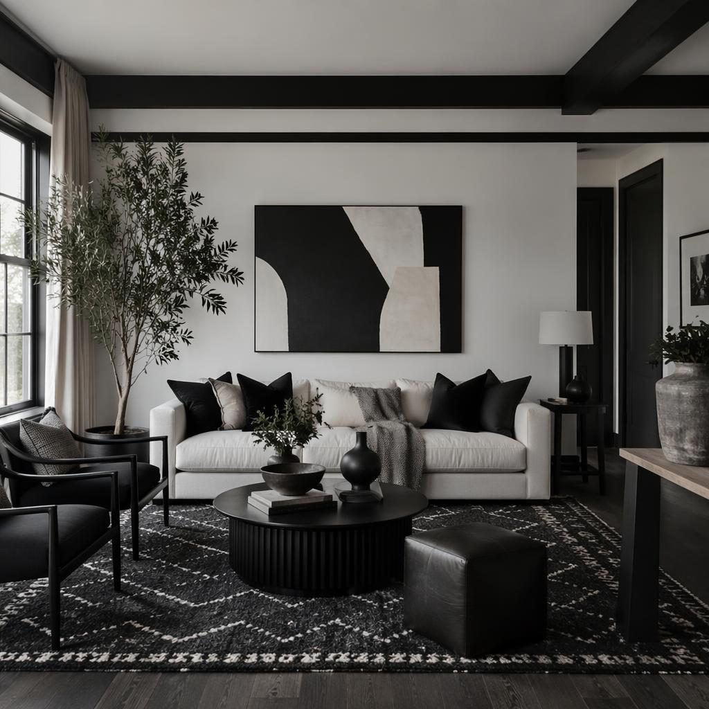 AI-rendered interior with coastal kitchen open shelving, black and white palette, natural materials, plants, art, and textiles.