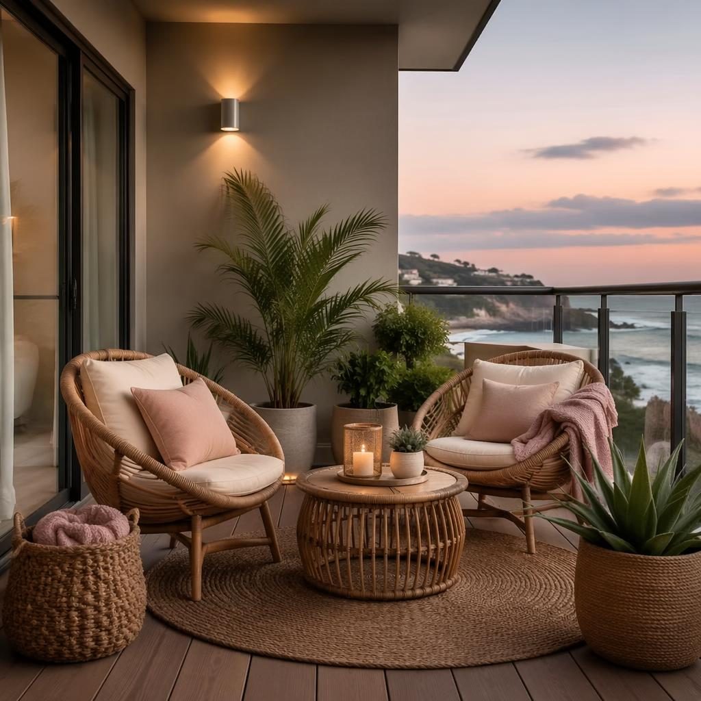 Pastel pink and beige coastal-style kids playroom with natural furniture, plants, art, textiles, and moody light