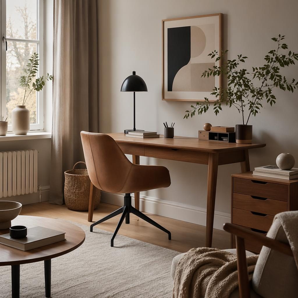 Bureau scandinave art déco avec tons neutres chauds, mobilier en bois, plantes, textiles et lumière diffuse