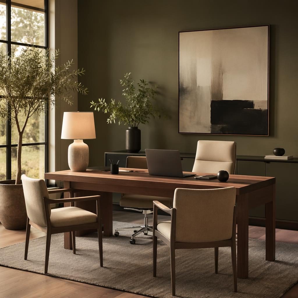 Chambre sage et crème au style minimaliste, lumière dorée, matières naturelles, plantes, textiles et art mural.