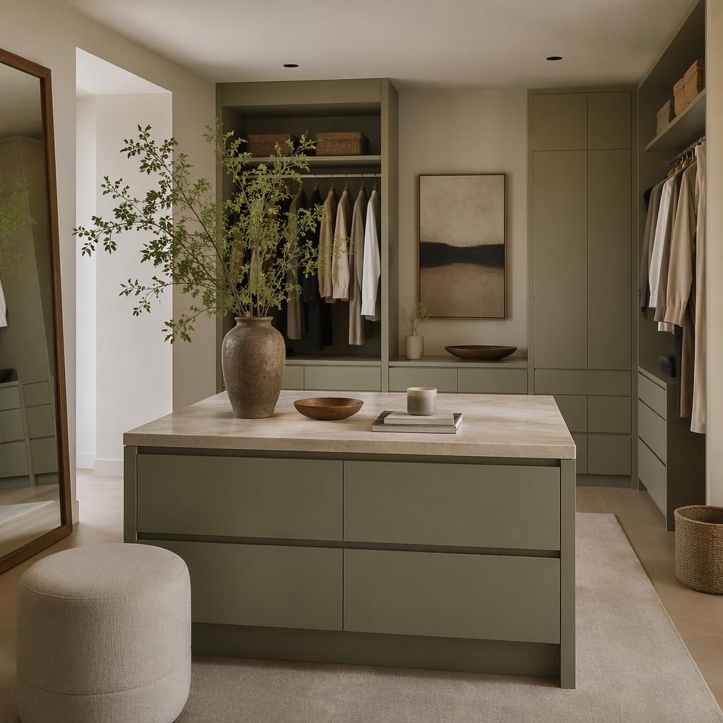Render interior realista de armario vestidor minimalista en salvia y crema, con isla japandi, plantas y textiles.