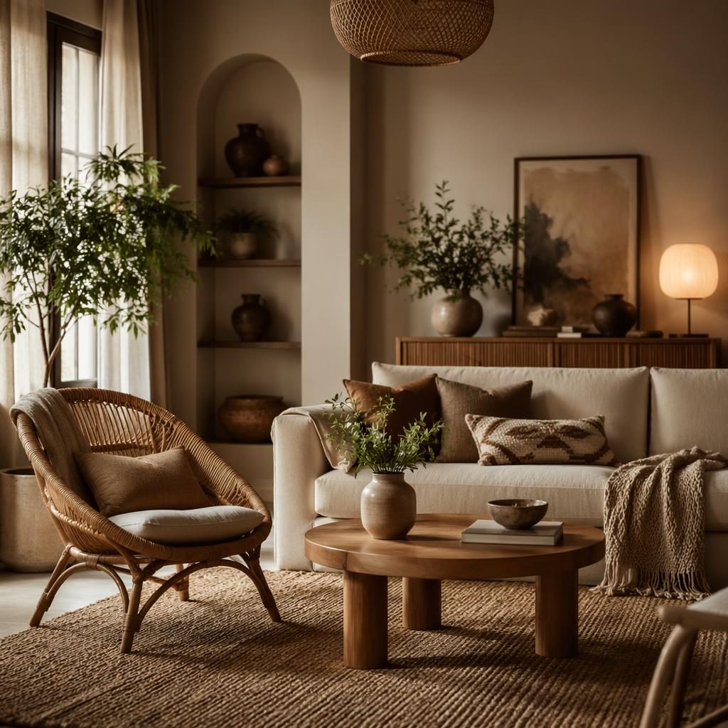 Boho living room with rattan furniture, warm neutral palette, plants, textiles, art, and moody natural light.