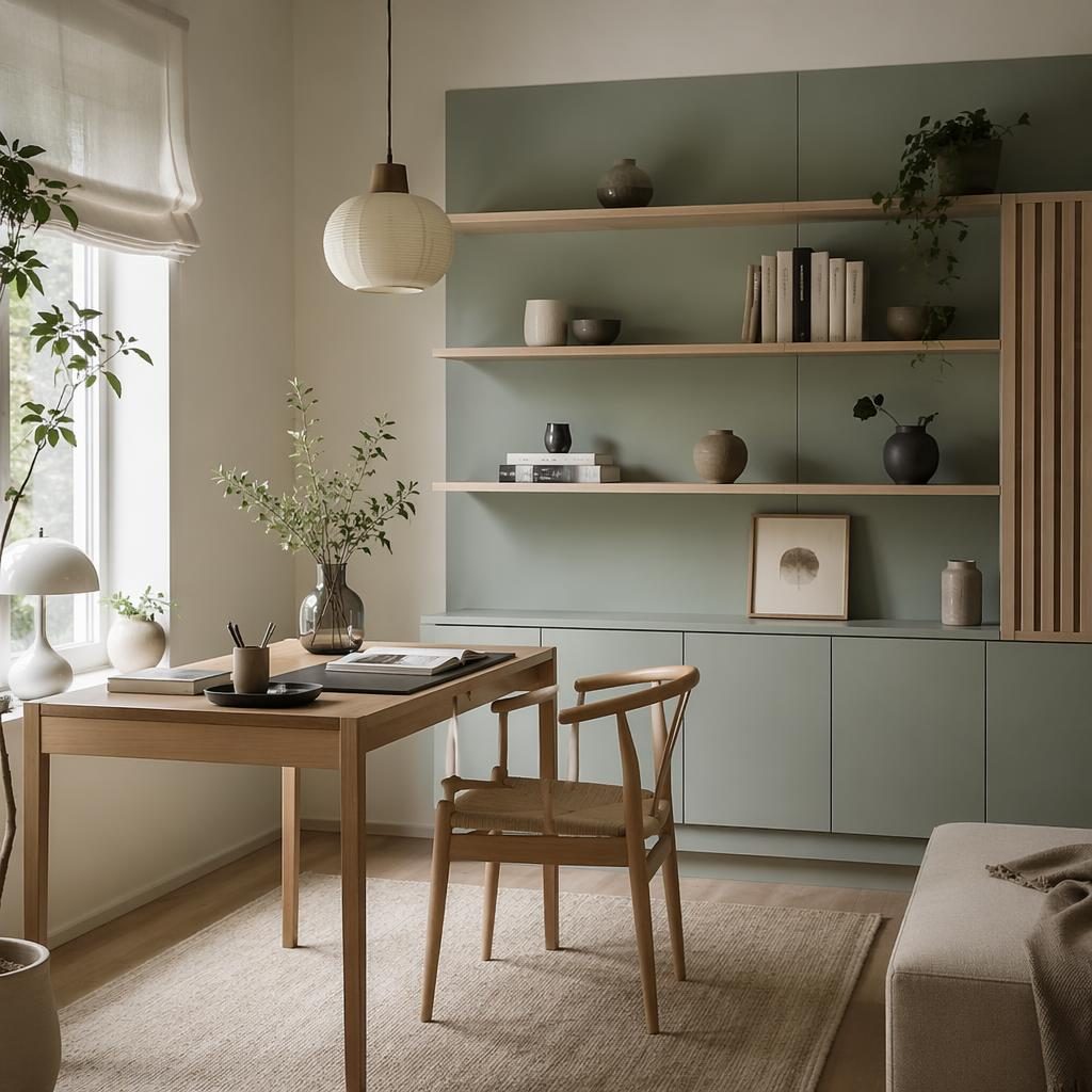Skandinavisches Homeoffice im Japandi Stil mit Salbei-Creme-Palette, Holz, Pflanzen, Textilien und weichem Tageslicht