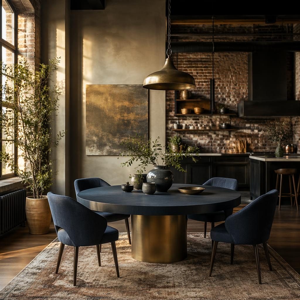 Wabi-sabi interior with blue and brass accents, center table design for living room, brick kitchen, plants and art