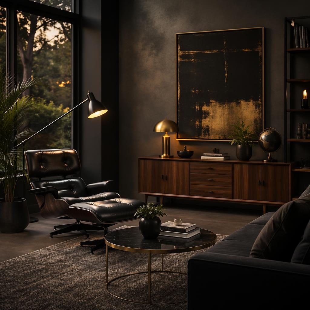 Mid-century living room with black and gold interior design, cool grey tones, warm evening light, plants, art, and textiles.