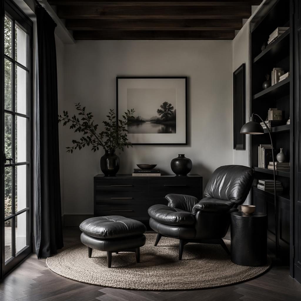 Moody black and white farmhouse dining interior with open beams, natural materials, plants, textiles, and art.