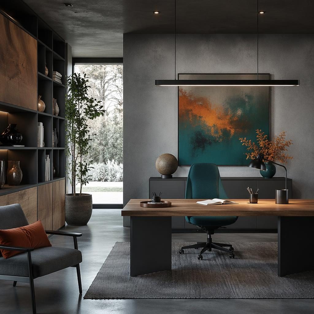 Minimalist concrete kitchen interior with orange and teal decor accents, grey palette, plants, art, and soft diffused light.