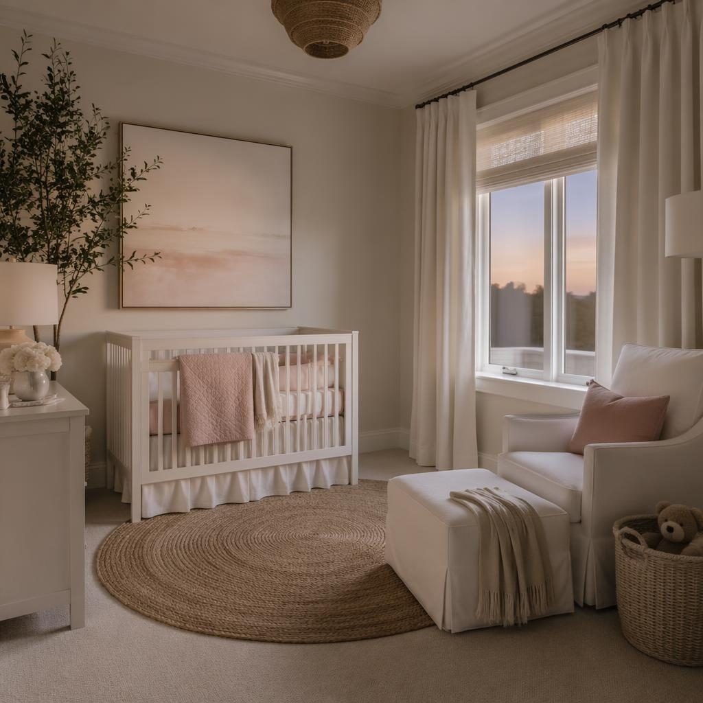Coastal bathroom interior rendered as a soft pastel nursery-inspired space with natural materials, plants, art, and warm evening light.