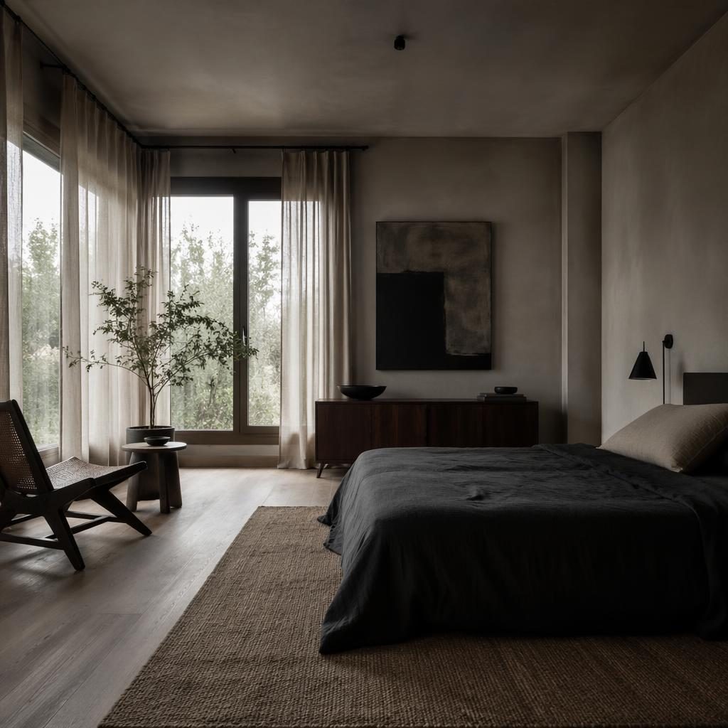Mid-Century-Schlafzimmer in Schwarz-Weiß, mit wenig Möbeln, Naturmaterialien, Pflanzen, Kunst und Textilien.