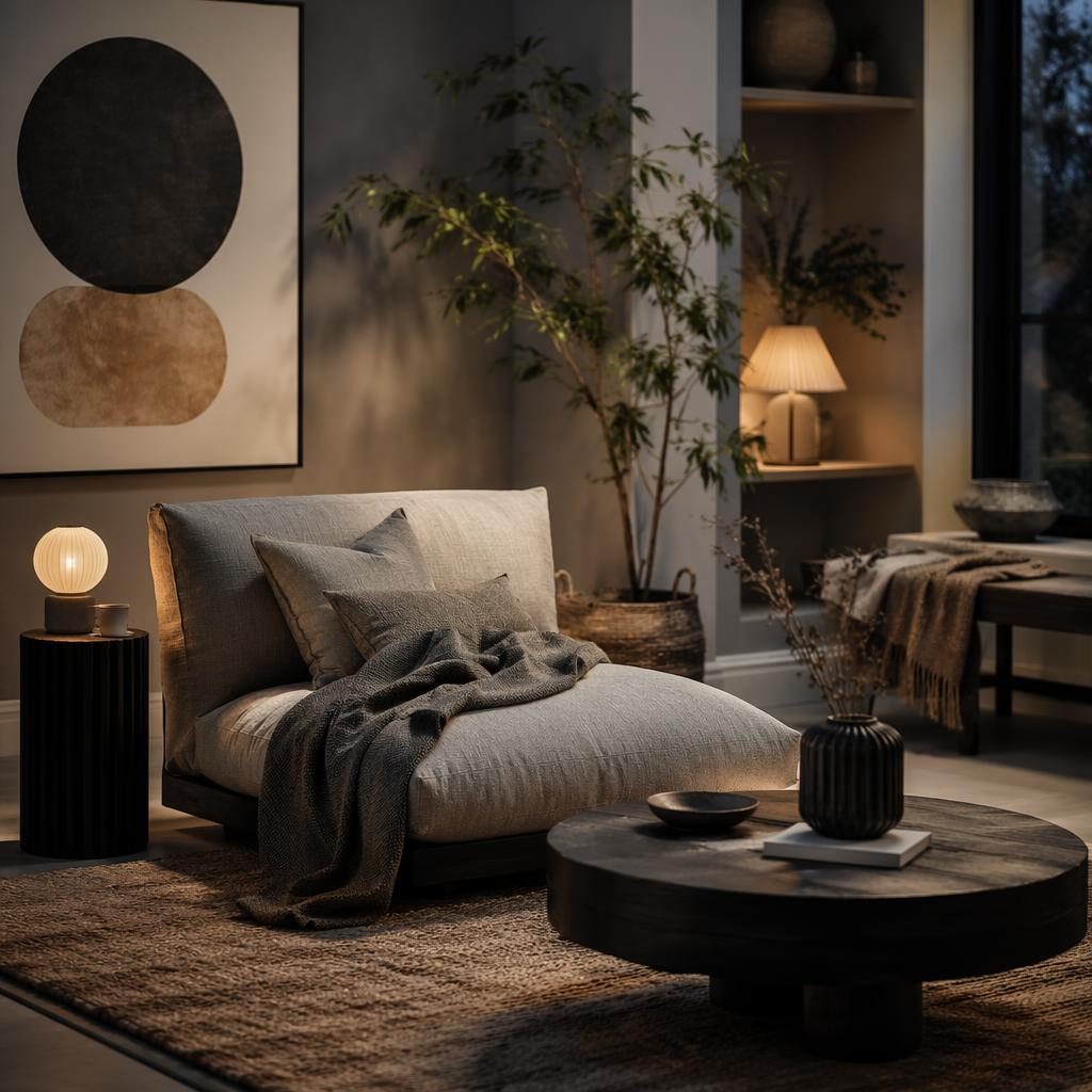 Japandi living room with art deco reading nook, cool grey palette, warm evening light, plants, textiles, and natural materials