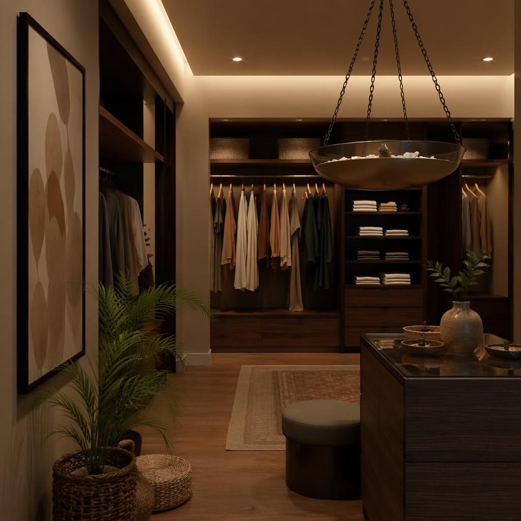 Modern teen bedroom walk-in closet interior in earth tones with natural materials, plants, textiles, art, and a hanging urli