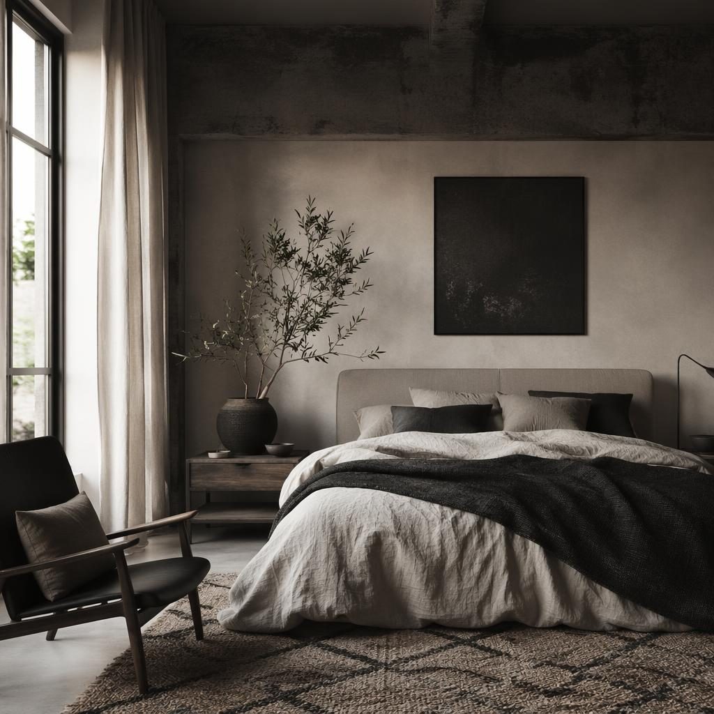 Wohnzimmer im Industrial-Stil mit warmen Neutraltönen, natürlichen Materialien, Pflanzen, Kunst und Textilien