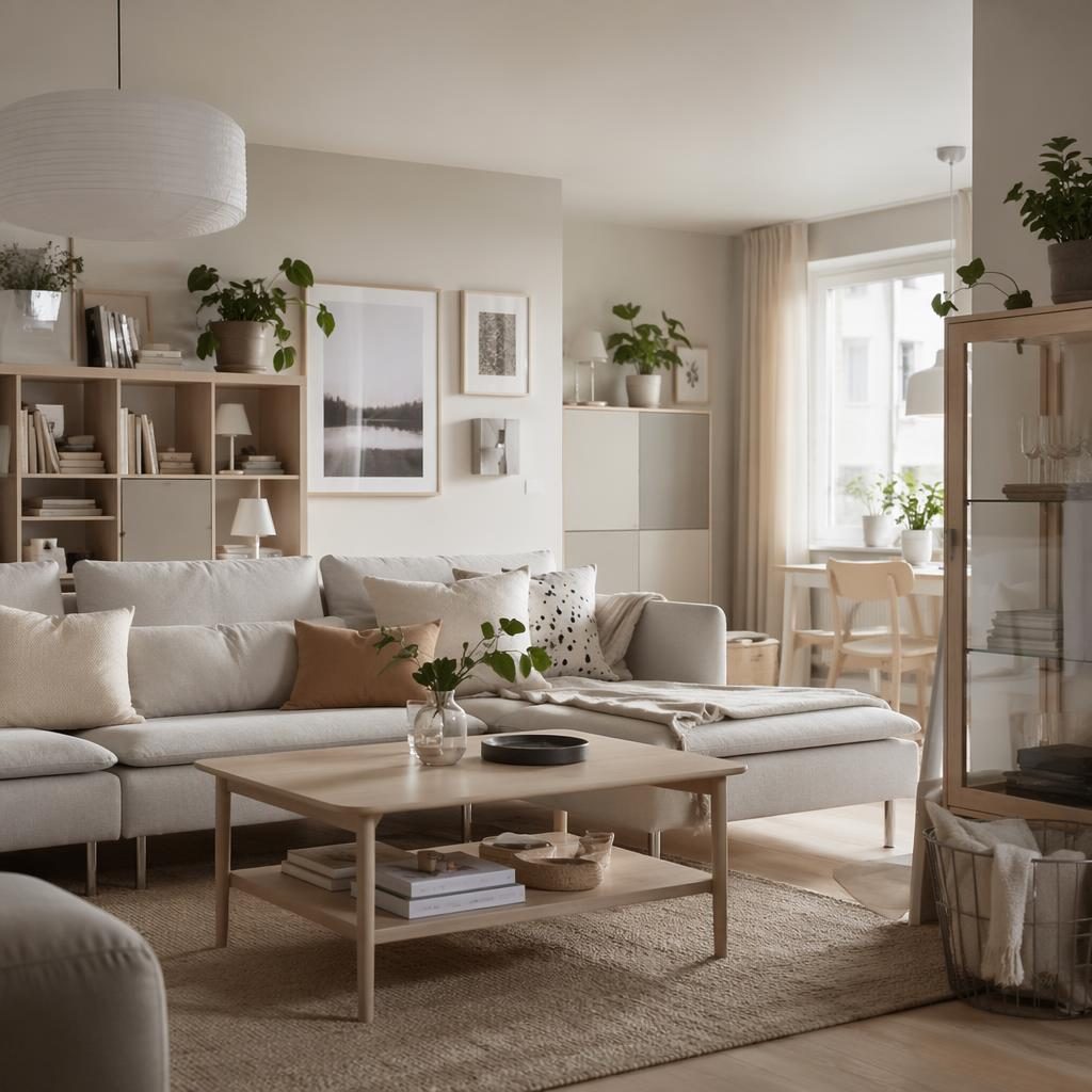 Soggiorno scandinavo luminoso con mobili modulari in legno chiaro, divano comodo, tessili neutri e piante