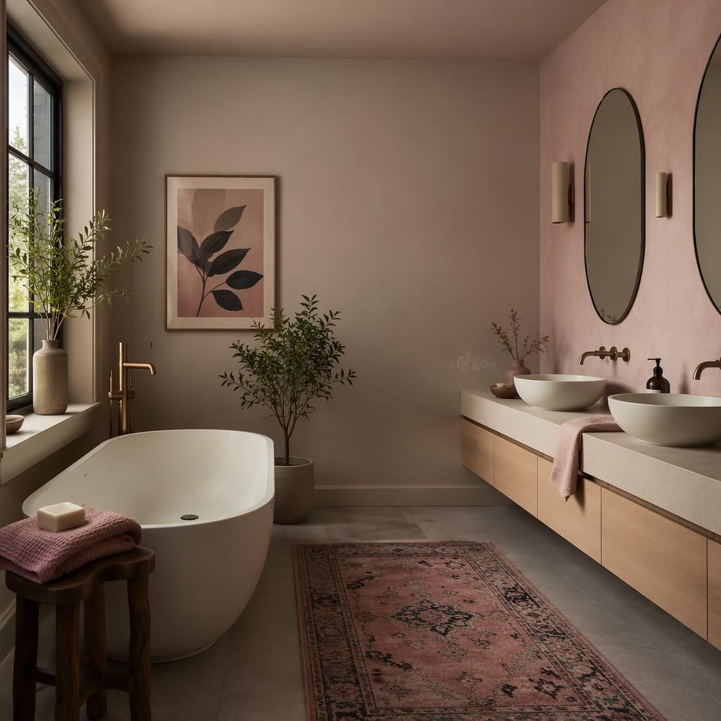 Scandinavian kitchen interior with pastel pink and beige palette, natural materials, plants, art, textiles, and moody lighting