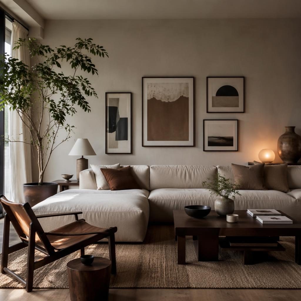 Salon intérieur minimaliste avec mur galerie, mobilier en matériaux naturels, plantes, textiles et lumière diffuse