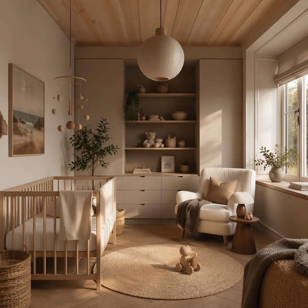 Skandinavisches Kinderzimmer in Erdtönen mit Naturmaterialien, Pflanzen, Textilien und warmem Golden-Hour-Licht